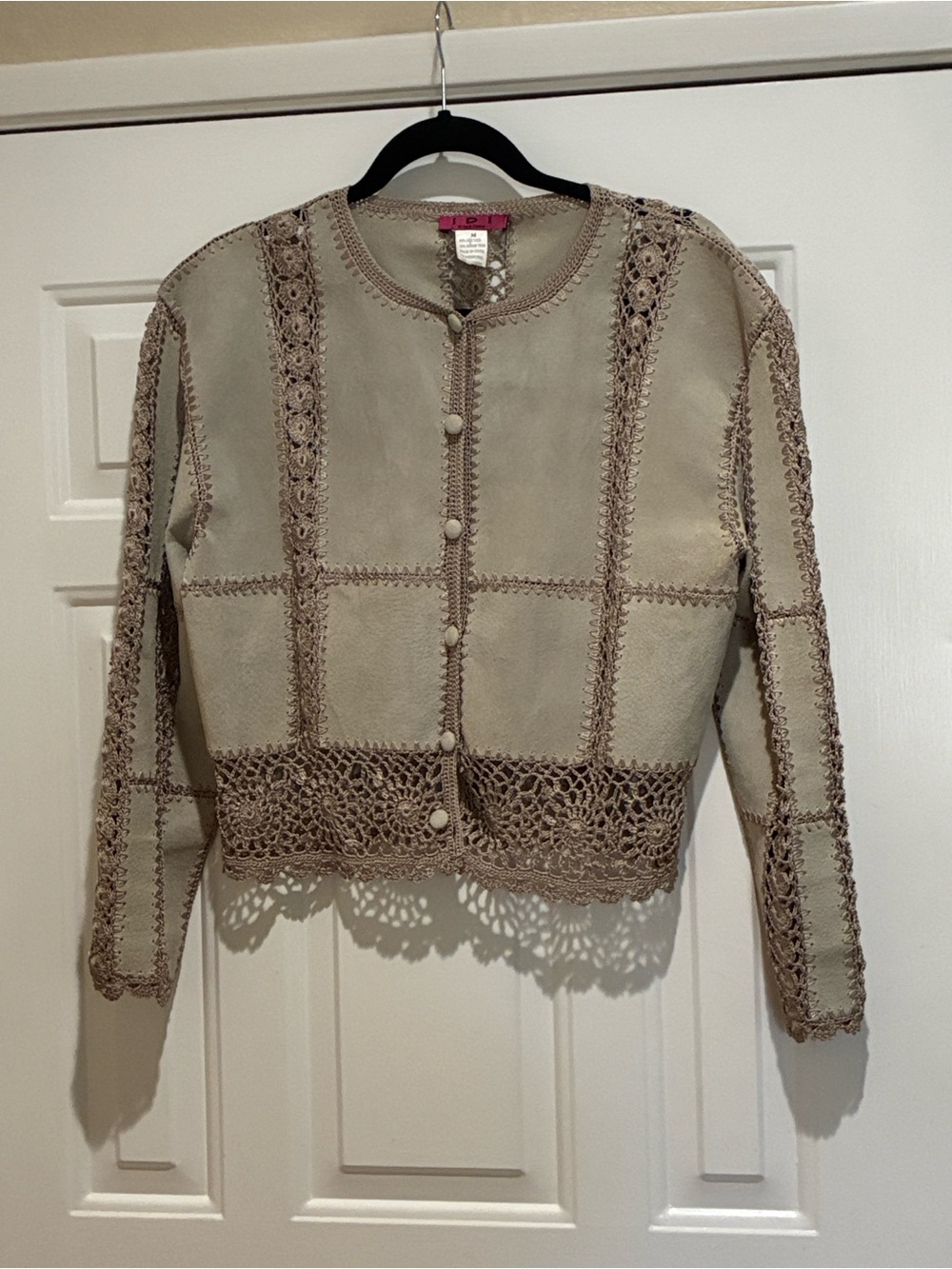IDI by Mathew leather & Crochet Trim Beige Cardigan Jacket